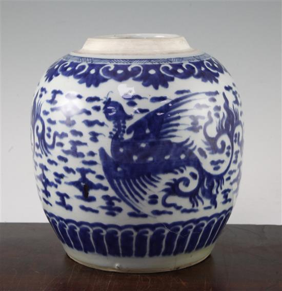 A Chinese blue and white jar, in Transitional style, 22cm, base cracked